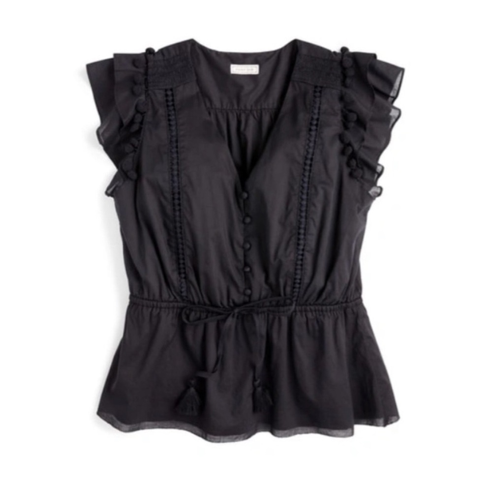 Point Sur by J.Crew Black Blouse with Ruffle Flutter Sleeve and Pom Poms - XL